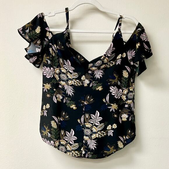 A.L.C. Olivia Floral Print Cold Shoulder V-Neck Blouse Top Black Women's Size 0 - Picture 2 of 5